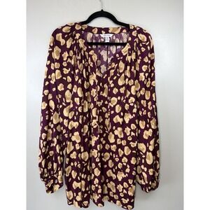 Nine West Women's Plus Size Maroon/Caramel Print Long Sleeved Blouse Size 3X